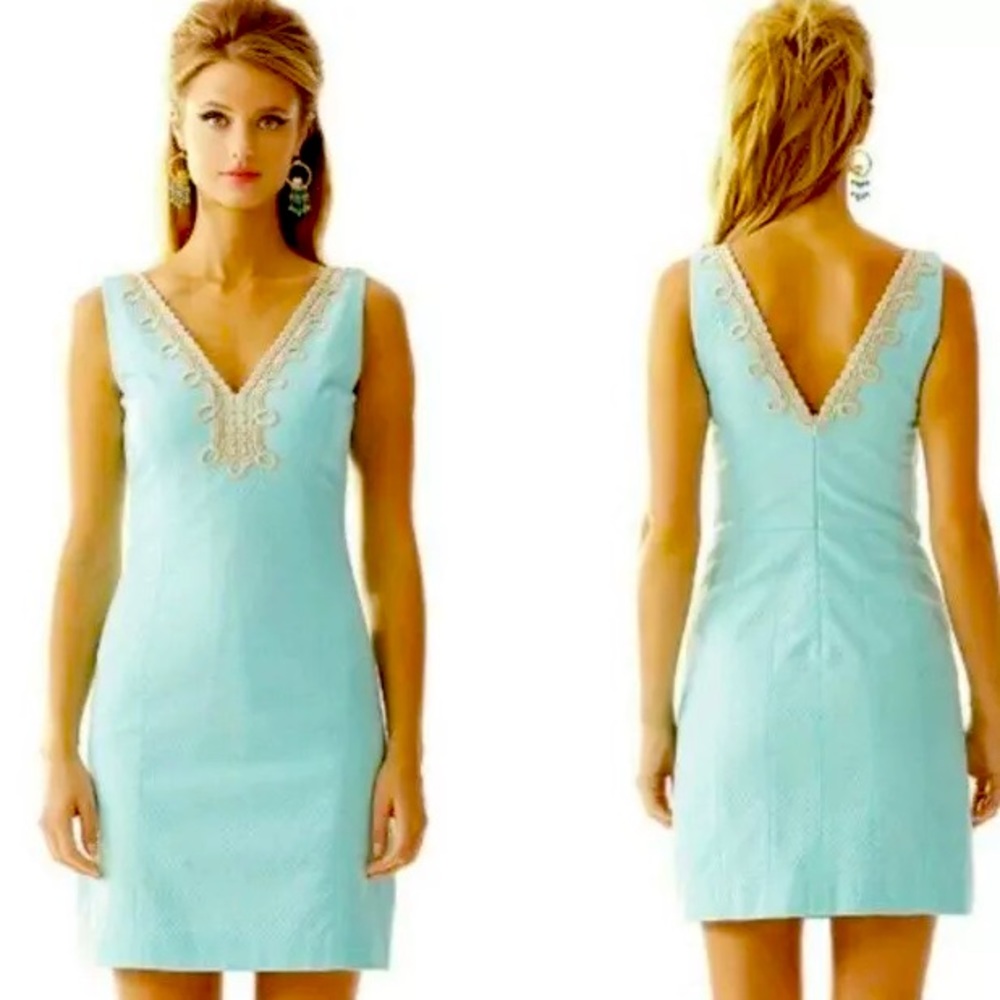 LILLY PULITZER Bentley Sleeveless Aqua Blue Dress Gold Embroidery V Neck Size 6